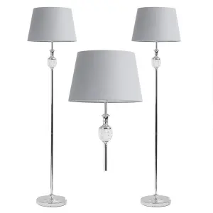 First Choice Lighting Pair of Polished Chrome with Moulded Glass Detail Floor Lamp with Grey Shades