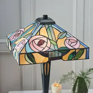 Tiffany Glass Table Lamp Light Dark Bronze & Multi Colour Rose Shade i00234