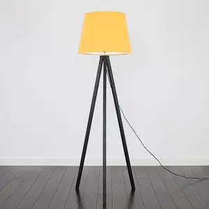 ValueLights Barbro Modern Black Wood Tripod Design Floor Lamp with Mustard Tapered Shade - Includes 6w LED GLS Bulb 3000K