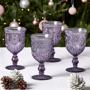 Set of 8 Vintage Luxury Purple Embossed Drinking Wine Glass Wine Goblets 290ml