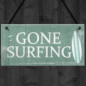 Red Ocean Gone Surfing Hanging Plaque Nautical Decor Beach Seaside Shabby Chic Home Sign Gift