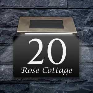 Personalised Aluminium House Plaque with Solar Light Customised with Your House Number and Street Name 200 x 130mm Black