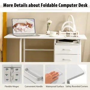 Costway Folding Computer Desk Wheeled PC Laptop Table Writing Workstation with 3 Drawers