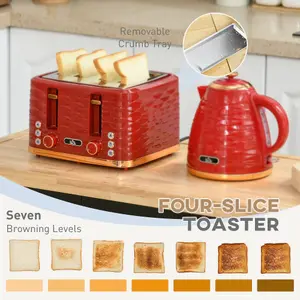 HOMCOM Kettle and Toaster Set 1.7L Rapid Boil Kettle & 4 Slice Toaster Red