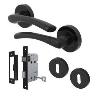 Zena Door Handle Lock Key Set Modern Matt Black Lever on Nickel Rose Internal Escutcheon