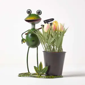 Homescapes Metal Frog with Garden Fork and Flower Pot, 28 cm Tall