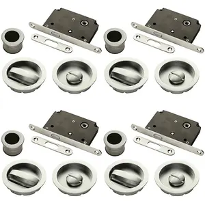 4 PACK - Complete Locking Sliding Pocket Door Pack Set- Satin Nickel - Thumbturn Bathroom