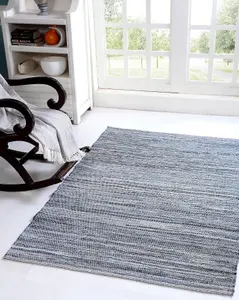 DENIM Blue Rug Washable Cotton Flat Weave / 90 cm x 150 cm