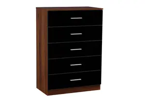 REFLECT 5 Drawer Chest of Drawers in Gloss Black Drawer Fronts and Walnut Carcass