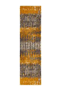 Yellow Ochre Grey Distressed Abstract Scandi Shaggy Living Area Runner Rug 60x230cm