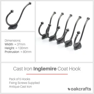 Oakcrafts - Antique Cast Iron Inglemire Coat Hook - Pack of 5 Hooks