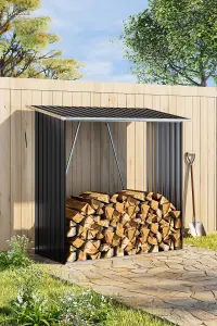 Black Coated Sloped Roof Wooden Storage Shed with Metal Firewood Rack, Outdoor Garden Log Store