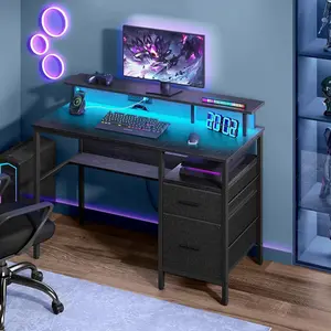 VASAGLE Gaming Desk with LED Lights and Built-In Power Outlets, Computer Desk with Monitor Shelf, Corner Desk, Ebony Black