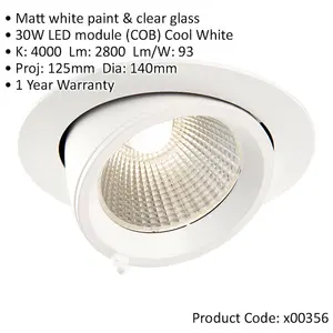 Fully Adjustable Recessed Ceiling Downlight - 30W Cool White LED - Matt White