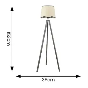 ValueLights Barbro Grey Wood Tripod Floor Lamp with Natural Linen Scallop Black Edge Shade