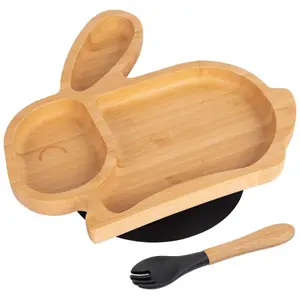 Bamboo Rabbit Baby Weaning Plate & Fork Set - Black