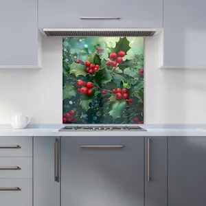 Festive Holly with Dew-Kissed Berries Premium Glass Kitchen Splashback W700mm x H650mm