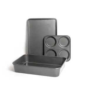 3pc Non-Stick Bakeware Set with Baking Tray, Large Roasting Pan and 4-Hole Yorkshire Pudding Pan