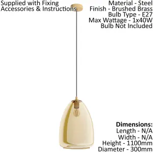 Pendant Ceiling Light Colour Brushed Brass Shade Amber Glass Vaporized Bulb E27 1x40W