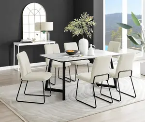 Furniturebox UK Carson White Marble Effect Dining Table & 6 Cream Halle Chairs