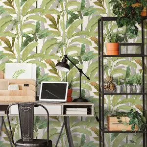 Galerie Into The Wild Metallic White Banana Tree Leaf Wallpaper Roll