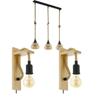 Linear Ceiling Pendant & 2x Matching Wall Lights Black Rope & Amber Glass Shade