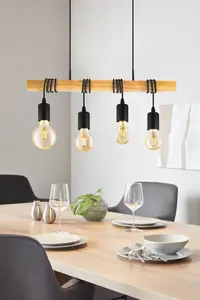 EGLO Townshend Black/Natural Metal & Wood 4-Light Geometric Pendant - Industrial Style (D) 110cm