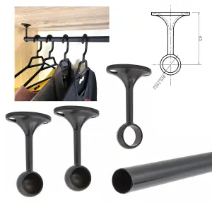 Suspended Round Wardrobe Rail Hanging Tube Pipe 1600mm Black Matt Set with End Brackets