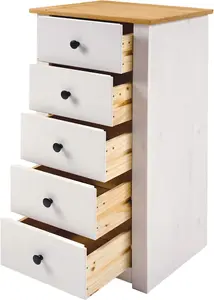 Panama 5 Drawer Narrow Chest in White and Natural Wax Finish