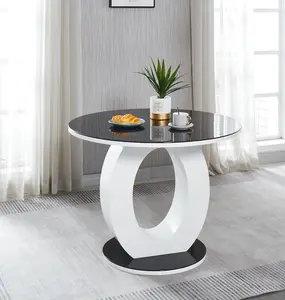 Modernique Giulia Round Black Tempered Glass Top Dining Table with White Gloss Finish