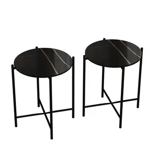 Set of 2 Pcs Marble Effect Tops Square Side End Coffee Table Metal Frame (Set of 2) Black