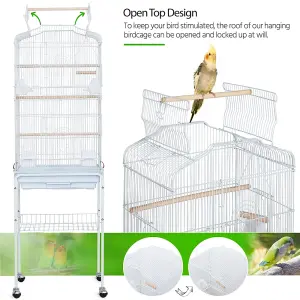 Yaheetech White Open Top Metal Bird Cage Large Rolling Parrot Cage w/ Slide-out Tray