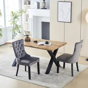 Cero Live Edge Oak Wood Veneer Dining Table and 4 Grey Luxury Velvet Dining Chairs Dining Room Furniture Sets