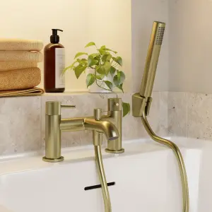 GoodHome Owens Satin Brass effect Deck-mounted Bath mixer tap with shower kit