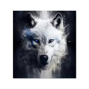 White Wolf Face Splashart Dark Backgrouns Premium Glass Kitchen Splashback W600mm x H600mm