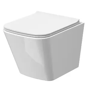 Bubly Bathrooms™ White Rimless Square Wall Hung Toilet Pan, Seat & 1.13m Concealed Cistern Frame - Brass