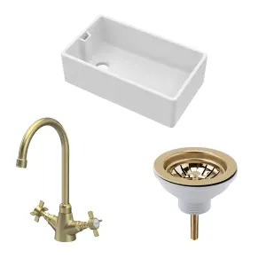 Fireclay Kitchen Bundle - Single Bowl Belfast Sink, Strainer Waste & Mono Crosshead Tap, 795mm - Brushed Brass - Balterley