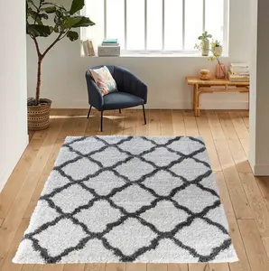 Moroccan Berber Shaggy Rugs Living Room Bold Trellis Dark Cream 120x170 cm