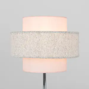 ValueLights Weaver Pair of - Chrome Touch Bedside Table Lamps with Pink & Grey Herringbone Shade - with 5w LED Bulbs In Warm White