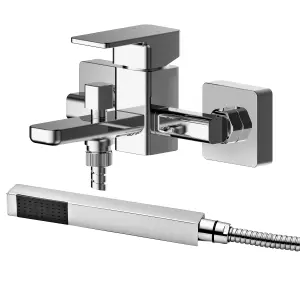 Wall Mounted Square Bath Shower Mixer Tap with Shower Kit - Chrome