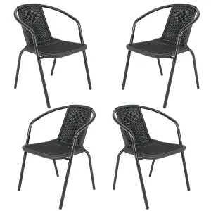 Set of 4 Black Vintage Style Stacking Rattan Patio Garden Chairs Outdoor Armchairs with Metal Frame