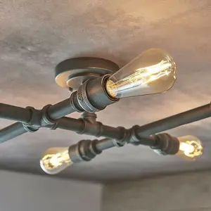 Semi Flush Ceiling Lamp Aged Pewter 6x Bulb Multi Light Industrial Exposed Pipe