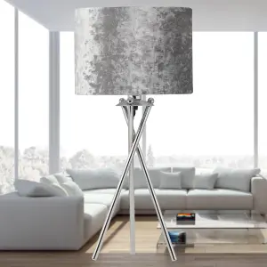 First Choice Lighting Chrome Tripod Table Lamp with Grey Crushed Velvet Shade