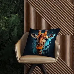 Blue Giraffe Face Splashart Outdoor Cushion 60cm x 60cm