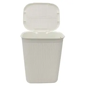 JVL Knit Design Loop Plastic Rectangular Lidded Washing Laundry Basket, Ivory