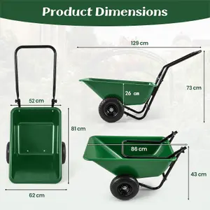 COSTWAY Dual-Wheel Wheelbarrow 80 L Volume Garden Utility Cart W/ Foldable Handle