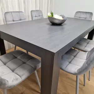 Dining Table and 6 Chairs  Black Dark Grey 6 Grey Velvet Chairs Wood Dining Set Furniture