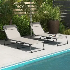 Outsunny Foldable Sun Lounger Set, 2 Pieces Sun Lounger w/ Padded Seat Khaki