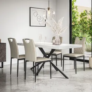 Donni Dining Table And Chairs -  White Marble Effect Table Top w Black Legs + Monza Linen Dining Chair Set Of 6 (Beige)