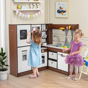 Costway Corner Play Kitchen for Kids Wooden Toddler Kitchen Playset w/ Lighted Range Hood